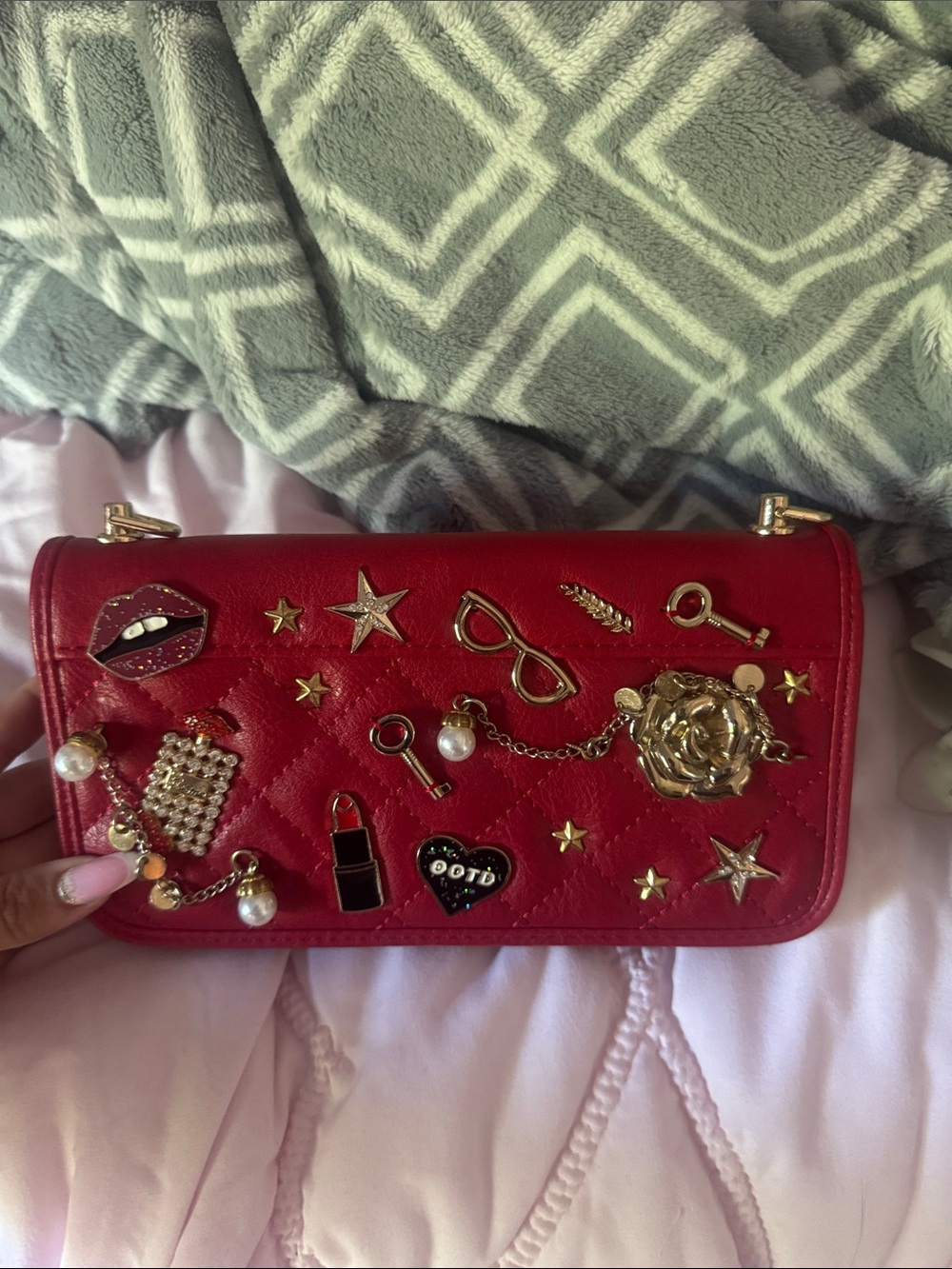 Aldo Red Quilted Embellished Crossbody Wallet